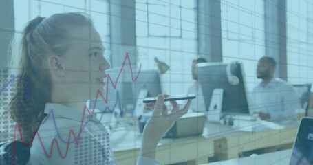 Poster - Animation of financial data processing over caucasian businesswoman in office