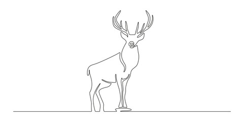 Wall Mural - One continuous line drawing of reindeer. Wild animal deer with antlers silhouette for christmas symbol in simple linear style. National park elegance logo editable stroke. Doodle vector illustration