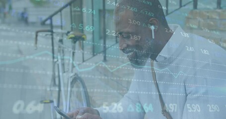 Poster - Animation of financial data processing over african american man using smartphone