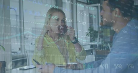 Poster - Animation of financial data processing over caucasian couple