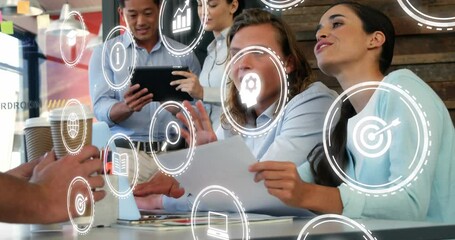 Poster - Animation of digital icons data processing over diverse business people in office