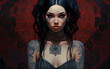 Beautiful dark haired woman with blue eyes, heavily tattoo in a futuristic distorted realism style