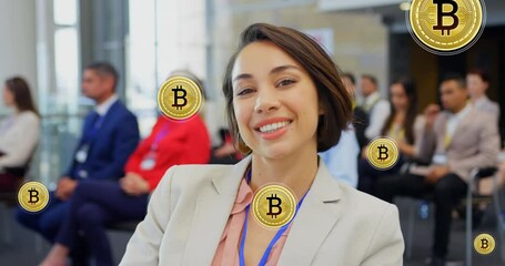 Poster - Animation of bitcoin icons over diverse business people at conference