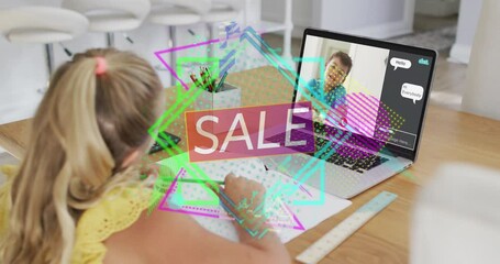 Sticker - Animation of sale text and data processing over caucasian girl on laptop video call