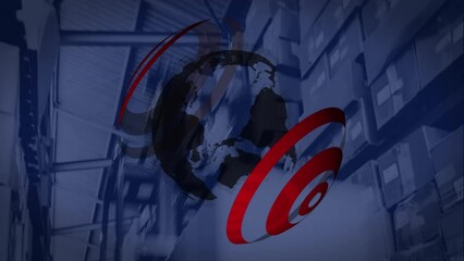 Poster - Animation of round scanners over spinning globe against warehouse