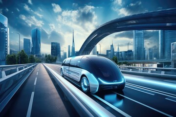 Canvas Print - Future car self-driving on the road in the city background.