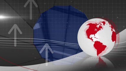 Poster - Animation of camera shutter effect over spinning globe, arrow icons against roof of the warehouse