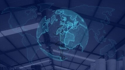 Poster - Animation of direction signboards over spinning globe and world map against warehouse roof