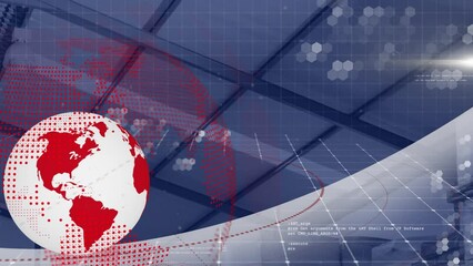 Poster - Animation of spinning globe, abstract gradient shapes and light spot against warehouse roof