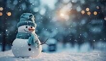 Christmas Winter Background With Snowman, Presents, And Bokeh Snowflakes - Merry Christmas And Happy New Year Greeting Card With Ample Copy Space, Ideal For Festive Holiday Messages