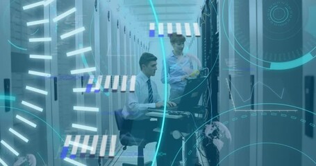 Poster - Animation of 5g text banneer against diverse male and female engineers working at server room