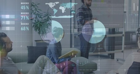 Poster - Animation of statistical data processing against biracial man giving a presentation at office