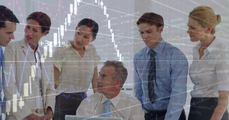 Poster - Animation of financial data processing against group of diverse businesspeople discussing at office