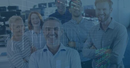 Poster - Animation of stock market data processing over portrait of diverse colleagues smiling at office