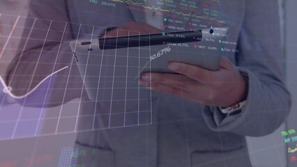 Poster - Animation of stock market data processing over mid section of businessman using tablet at office