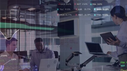Poster - Animation of stock market data processing against caucasian businesswoman using tablet at office
