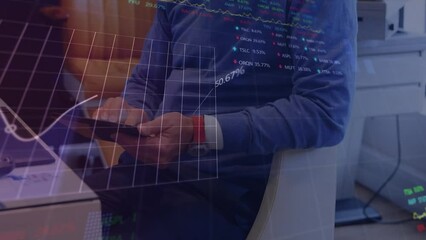 Poster - Animation of stock market data processing over mid section of man using digital tablet at office