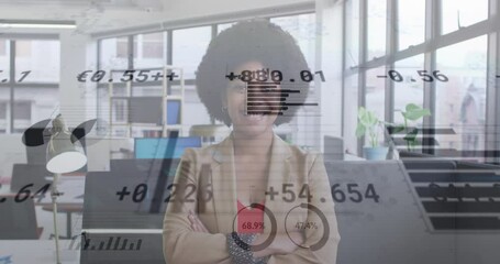 Sticker - Animation of stock market data processing over portrait of african american woman at office