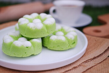 Kue Putu Ayu, a traditional Indonesian snack made from rice flour, pandan leaves, grated coconut then steamed.