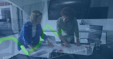 Poster - Animation of statistical data processing over diverse man and woman discussing over a plan at office