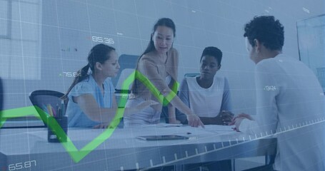 Poster - Animation of statistical data processing over group of diverse women discussing over plan at office