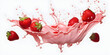 pink milk splash with strawberries isolated on white background