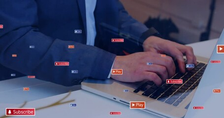 Aufkleber - Animation of social media icons against mid section of businessman using laptop at office