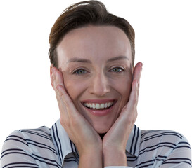 Sticker - Digital png photo of caucasian businesswoman with hands on her face on transparent background