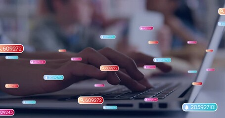 Poster - Animation of social media icons against mid section of man using laptop at office