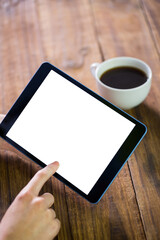 Poster - Digital png photo of hands with tablet with copy space on screen on transparent background