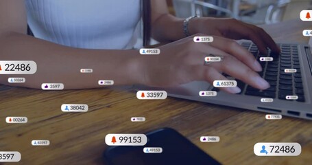 Poster - Animation of social media icons against mid section of woman using laptop at office