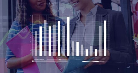 Poster - Animation of graph and loading bars over diverse female coworkers discussing reports