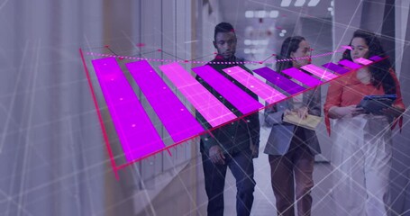 Poster - Animation of falling graph over diverse coworkers discussing reports while walking in corridor