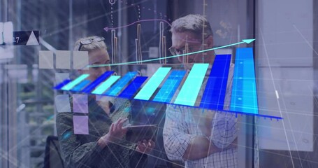 Poster - Animation of growing graph over caucasian coworkers discussing with sticky notes on transparent wall