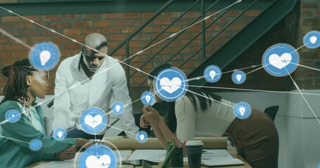 Poster - Animation of icons connected with lines over diverse architects discussing about blueprint in office