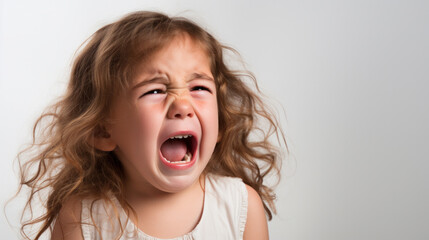 Cute little child is crying on a white background. Сlose-up portrait of a crying baby