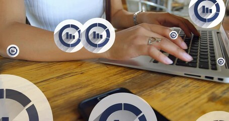 Poster - Animation of graph icon in circles over midsection of caucasian woman working on laptop