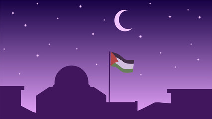 Palestine landscape vector illustration. Silhouette of al aqsa mosque in the night with crescent moon and stars. Landscape illustration of palestine for background or wallpaper