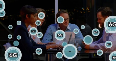 Poster - Animation of 6g text and symbols in circles over diverse coworkers sharing ideas in cafes