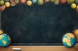 学習・学校・教育環境をイメージさせる黒板や地球儀・チョークが描かれた背景