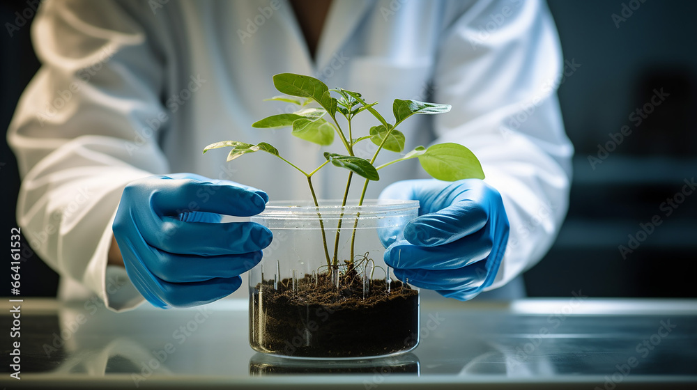 close up of scientist hands with plant and soil biotechnology ...
