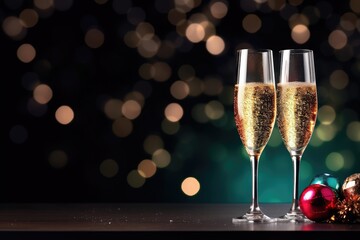 Two glasses of alcoholic champagne on a wooden podium with bokeh effect. Festive party with alcohol. Copy space. New Year.