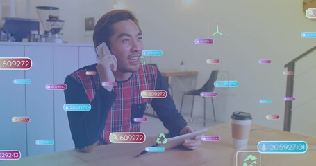 Poster - Animation of notification bars, icons, asian man looking at digital tablet and talking on cellphone