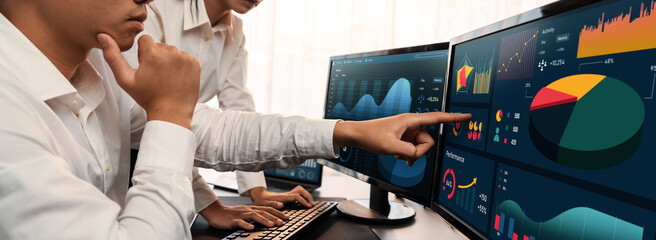 Poster - Analyst working on data analysis or BI dashboard on computer monitor. Business team analyzing financial data by Fintech in corporate office for business marketing and strategy planning. Trailblazing