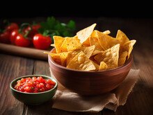 Mexican Nacho Chips And Salsa Dip Sauce On Wooden Table