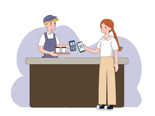 Poster - Customer use mobile cashless payment system or scan qr code. Characters using digital banking service and application Contactless pay. vector illustration