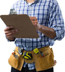 Poster - Digital png photo of mid section of employee writing note on transparent background