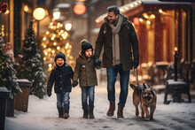 Dad Takes A Walk With His Two Sons And A Dog Through The Snow-covered Streets Of An Evening City Dressed Up For Christmas.