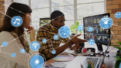 Poster - Animation of network of connections with icons over diverse business people in office