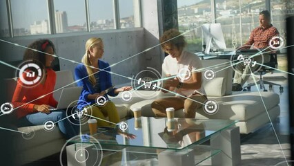 Poster - Animation of network of connections with icons over diverse business people in office